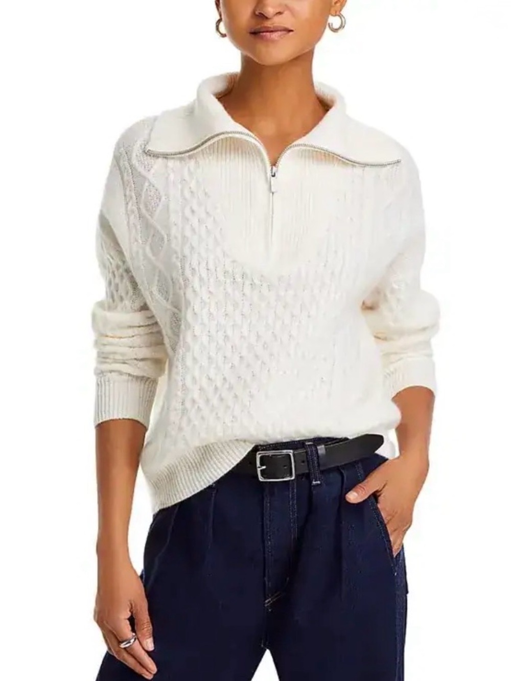 Bloomingdale's Cream Cashmere Cable Knit Half-Zip Sweater